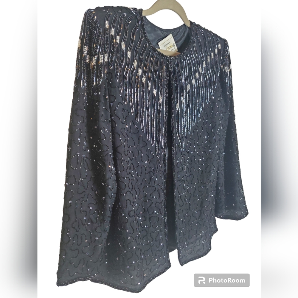 Vintage Joseph Ribkoff Gala Black Sequent Beaded Evening Jacket 100% Silk